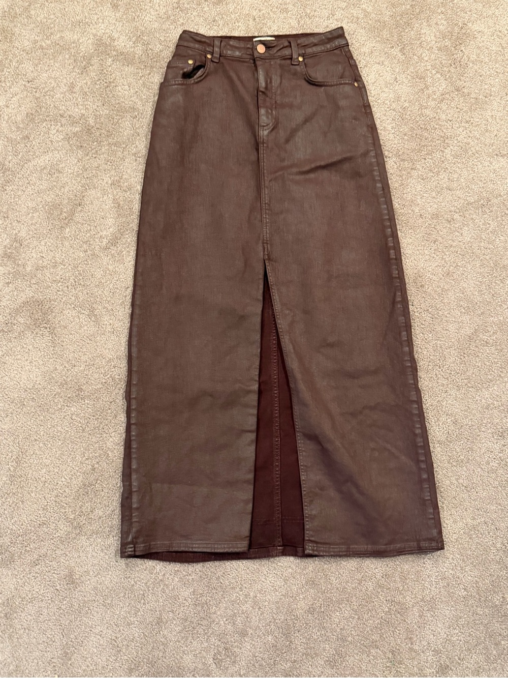 Pilcro Anthropologie Brown Coated Denim Maxi Skirt Size 6 - Picture 2 of 8